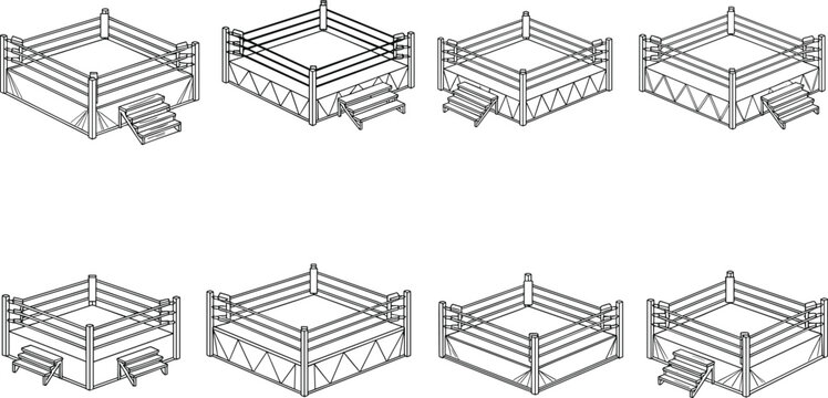 Wrestling ring vector set illustration, boxing arena platform icons, sport competition stage outline design isolated on white background