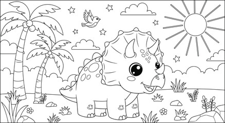 Cute Triceratops Dinosaur Coloring Page Illustration with Palm Trees Sun and Nature Background for Kids © MdRissalat