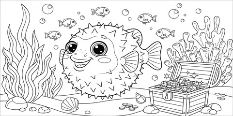 Cute Puffer Fish Coloring Page Illustration with Treasure Chest Coral Reef and Ocean SceneCute Puffer Fish Coloring Page Illustration with Treasure Chest Coral Reef and Ocean Scene © MdRissalat