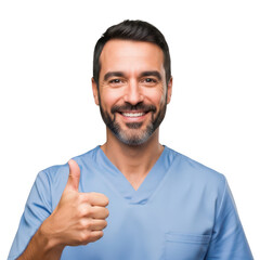 Fototapeta premium Professional man giving a positive thumbs-up in a light blue shirt