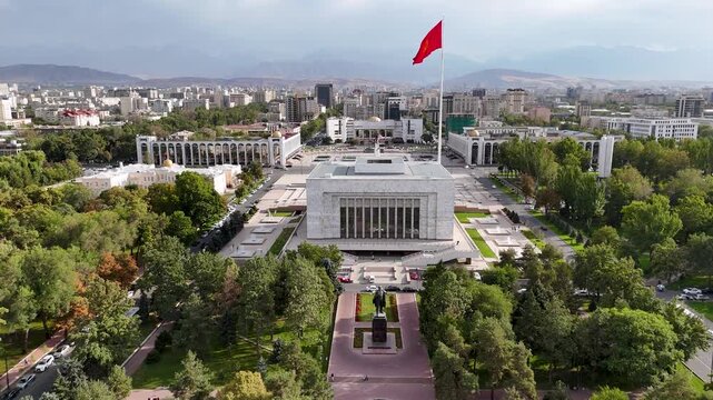 Bishek, Kyrgyzstan -October,17,2025: kyrgyzstan national flag waving at Freedom Square