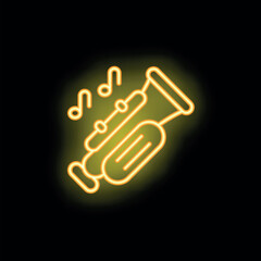 Obraz premium Yellow neon tuba playing music notes on black background