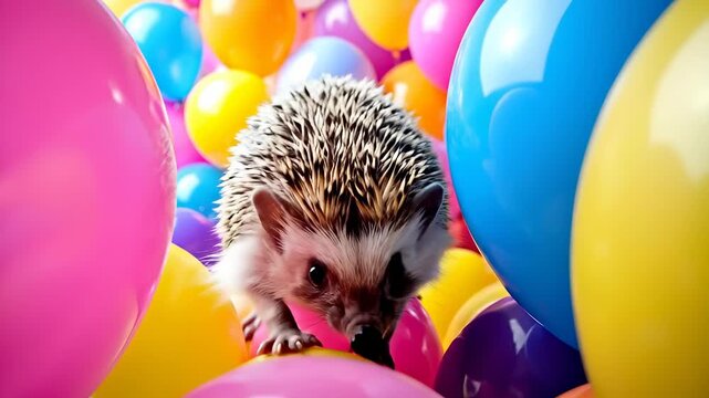 Adorable Hedgehog Surrounded by Colorful Balloons - A Festive Celebration.