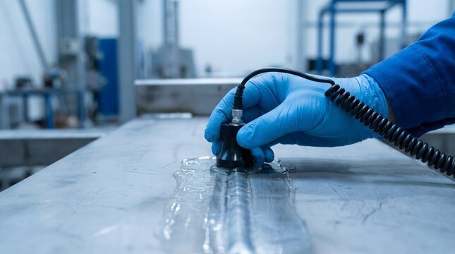 Close up of technician performing ultrasonic testing NDT on metal weld seam in workshop