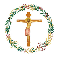 Naklejka premium Good Friday. Decorative vintage floral wreath, illustration in Byzantine style isolated
