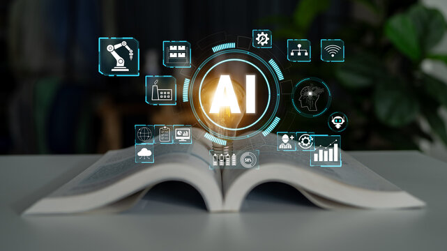 Open book with glowing AI symbols representing technology, innovation, and education, merging physical and digital worlds for knowledge advancement Quark.