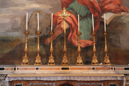 Altar with Candle Holders Close Up at the St. John Lateran Basilica in Rome, Italy