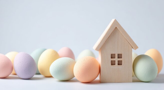 Soft Pastel Eggs and Miniature Wooden House on White Background, Symbolizing Spring, Home, and Investment.