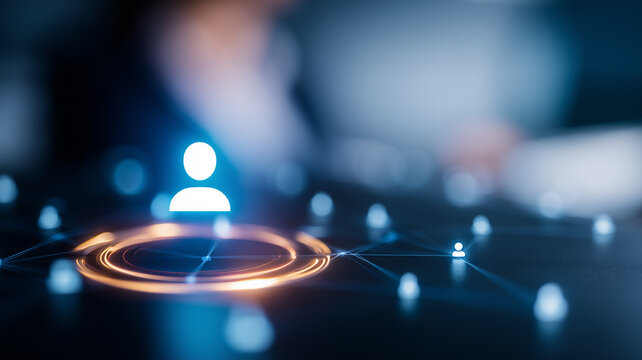 User icon highlighted within a connected network to show customer targeting, audience segmentation and people analytics for growth decisions.
