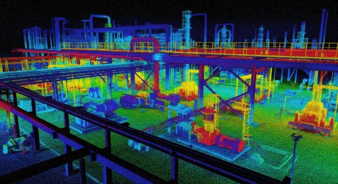 Industrial plant scan visualized as a colorful point cloud. 3D laser scanning technology for facility management and digital mapping.