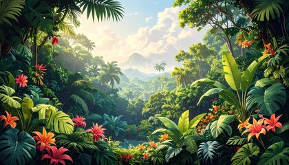 Tropical rainforest waterfall lush greenery vibrant flora misty jungle landscape scenic nature © Tung
