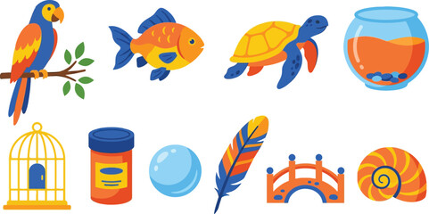 Exotic aquatic pet illustrations with 10 royal blue sunset orange bright yellow colorful parrot goldfish swimming turtle glass fishbowl bird cage fish food container water bubble exotic feather