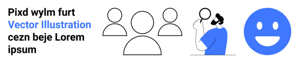 Fototapeta premium User experience, feedback systems, satisfaction tracking, community building, analytics, identity. Group of people icons, a magnifying glass inspecting and a smiling face. User experience