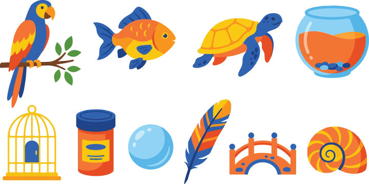Exotic aquatic pet illustrations with 10 royal blue sunset orange bright yellow colorful parrot goldfish swimming turtle glass fishbowl bird cage fish food container water bubble exotic feather