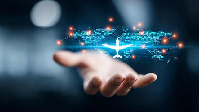 Hand presenting an airplane icon over a connected world map, representing global travel routes and aviation logistics.
