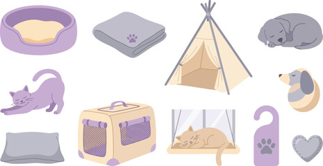 Pet comfort sleeping elements with 10 cozy lavender soft grey warm cream plush round pet bed folded blanket paw print pet teepee tent sleeping puppy curled ball cat stretching rectangular pillow trave © Madhuka Disanayaka