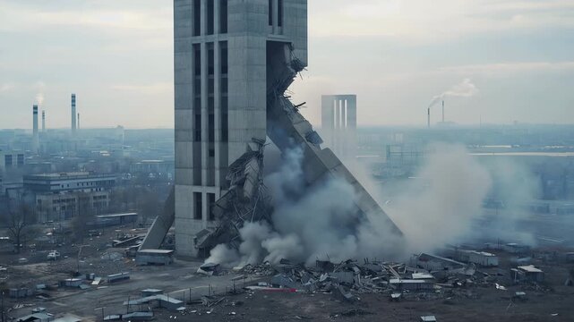 Abandoned post-Soviet residential district with decaying concrete buildings. Smoke rises from a collapsed structure in a deserted urban landscape.