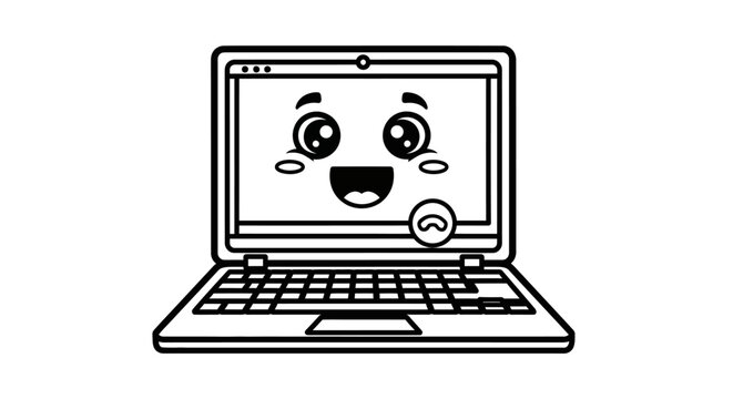Cute Laptop Mascot Black and White Line Art Vector Illustration