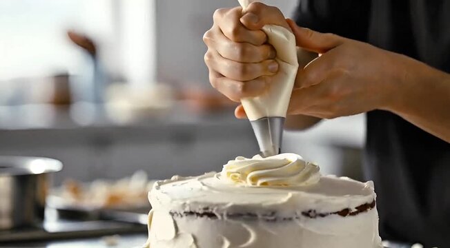 This video shows a person decorating a cake with icing in a kitchen. The person is skillfully piping a border and ruffles onto the cake, which sits on a counter with a blurred background of kitchen ob