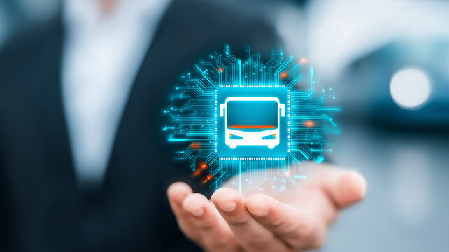 Hand presenting a smart bus icon hologram, representing public transport innovation and connected mobility services.
