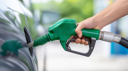 Close-up of hand holding green gas pump at car's tank at filling station, fuel tip, energy consumption, defocused vehicle, with copy space