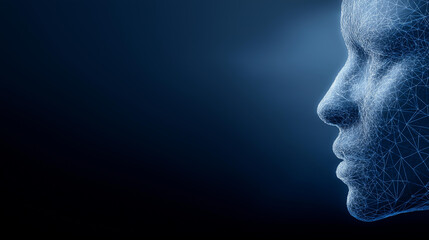 Real human face in profile with wireframe AI counterpart, conceptualizing fusion of humanity and technology, digital transformation, defocused patterns, with copy space