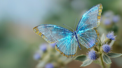 Glowing digital butterfly flutters between real wildflowers, nature technology fusion, defocused plants, with copy space
