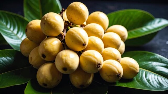 Close-up of a cluster of ripe yellow rambutan fruits with green leaves.