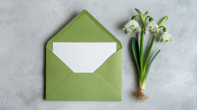 Green envelope with blank white card and snowdrop flowers on grey textured background, top view