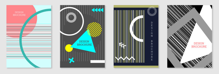 Fototapeta premium Set of cover design in Memphis style. Geometric design, abstract background. Fashionable bright cover, banner, poster, booklet. Creative colors.