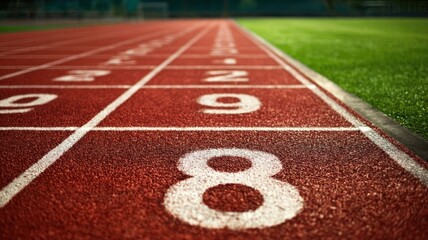 Obraz premium Close-up of a running track with lane numbers, symbolizing competition, athletics, and determination on a sunny day