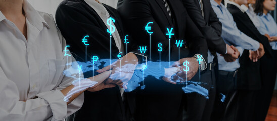 A diverse group of business professionals stands together, demonstrating unity and collaboration while digital currency symbols float above, symbolizing the global finance landscape. Trope © InfiniteFlow