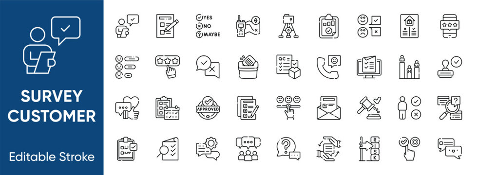 Survey and customer feedback line icons set. Satisfaction rating, questionnaire checklist, service review, and evaluation symbols
