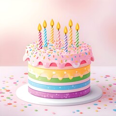 Colorful Rainbow Birthday Cake with Sprinkles and Candles Festive Celebration Dessert