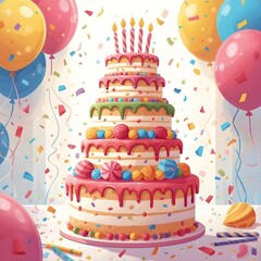 Festive Birthday Celebration Cake with Candles and Party Balloons