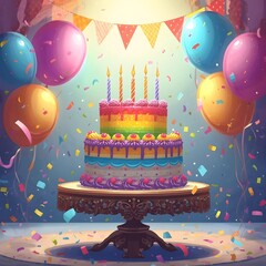 Colorful Birthday Cake with Balloons and Confetti Illustration