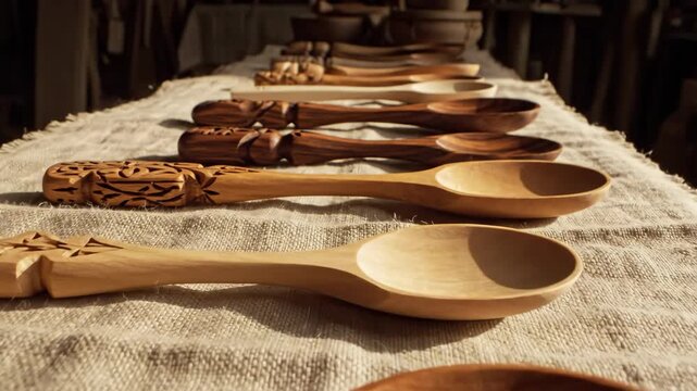 Wooden Spoons Displayed on a Table - A Close-Up View.