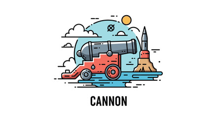 Fototapeta premium A modern flat line illustration of an old naval cannon ready to fire on a small island with a rocket in the background.