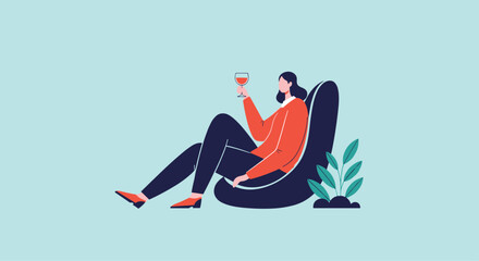 A stylish woman in a modern flat art style relaxing in a large beanbag chair while holding a glass of red wine.
