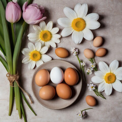 Easter breakfast with fried eggs, fresh tulips and spring flowers on beige background.