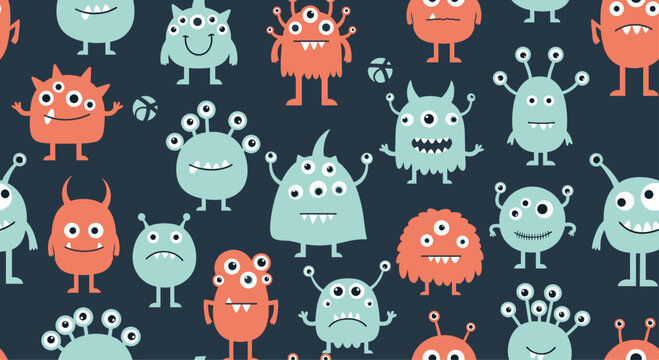 A seamless pattern of cute and funny cartoon monsters with multiple eyes in blue and orange on a dark background for kids.