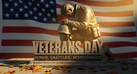Obraz premium A solemn statue of a kneeling soldier in front of the american flag on veterans day