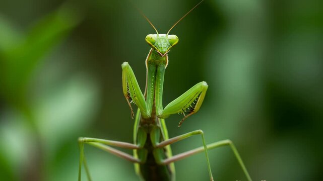 Close-up of a green praying mantis insect in nature.