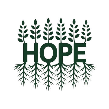 The word hope formed by plant roots and leafy branches above
