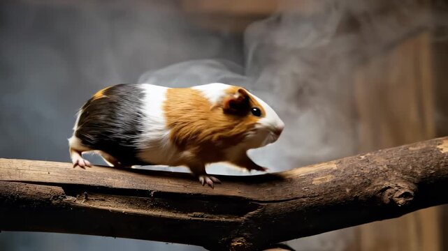 Guinea Pig on a Wooden Branch - A Colorful Rodent.