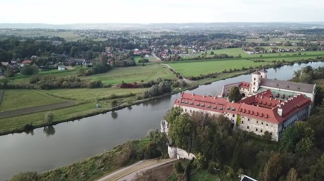 Slow curve around the Benedictine Abbey, Krakow, Poland, drone clip
