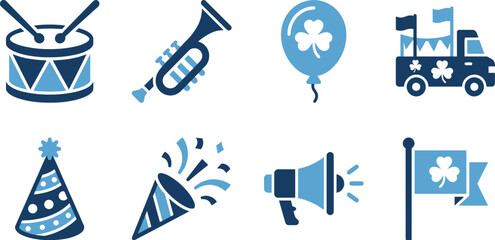 St Patricks Day parade and festival icon set blue dual tone vector elements for marching band party hat carnival celebration music drum trumpet balloon © Madhuka Disanayaka