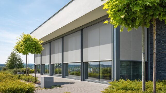 Modern building facade with external vertical roller blinds for sun protection and privacy