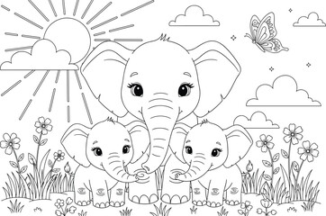Cute elephant family with baby elephants in nature black and white coloring page vector illustrationCute elephant family with baby elephants in nature black and white coloring page vector illustration © MdAbdul