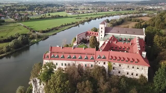 South face of the Benedictine Abbey, Krakow, Poland, right to left drone clip